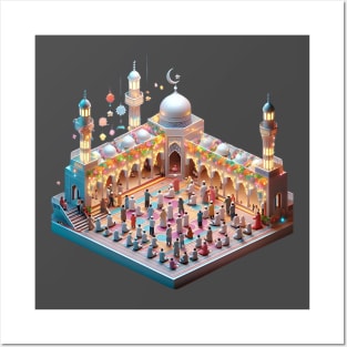 A mosque adorned with colorful lights and decorations, with families coming together for prayers and celebrations. Posters and Art